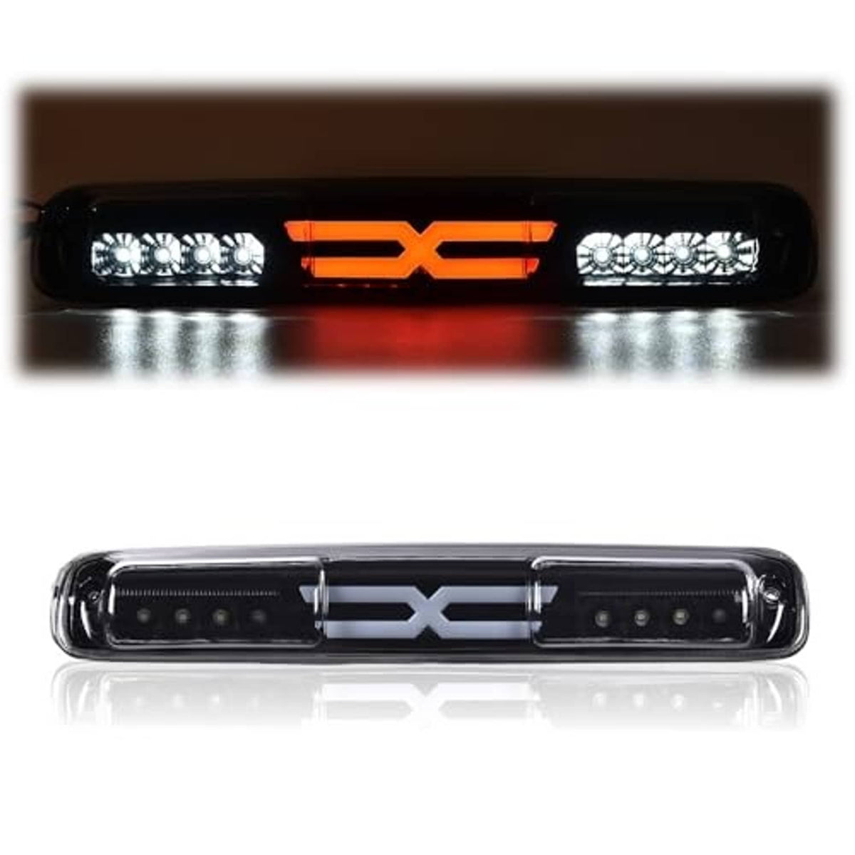 LED third brake light with smoke housing, red X-shaped center light bar