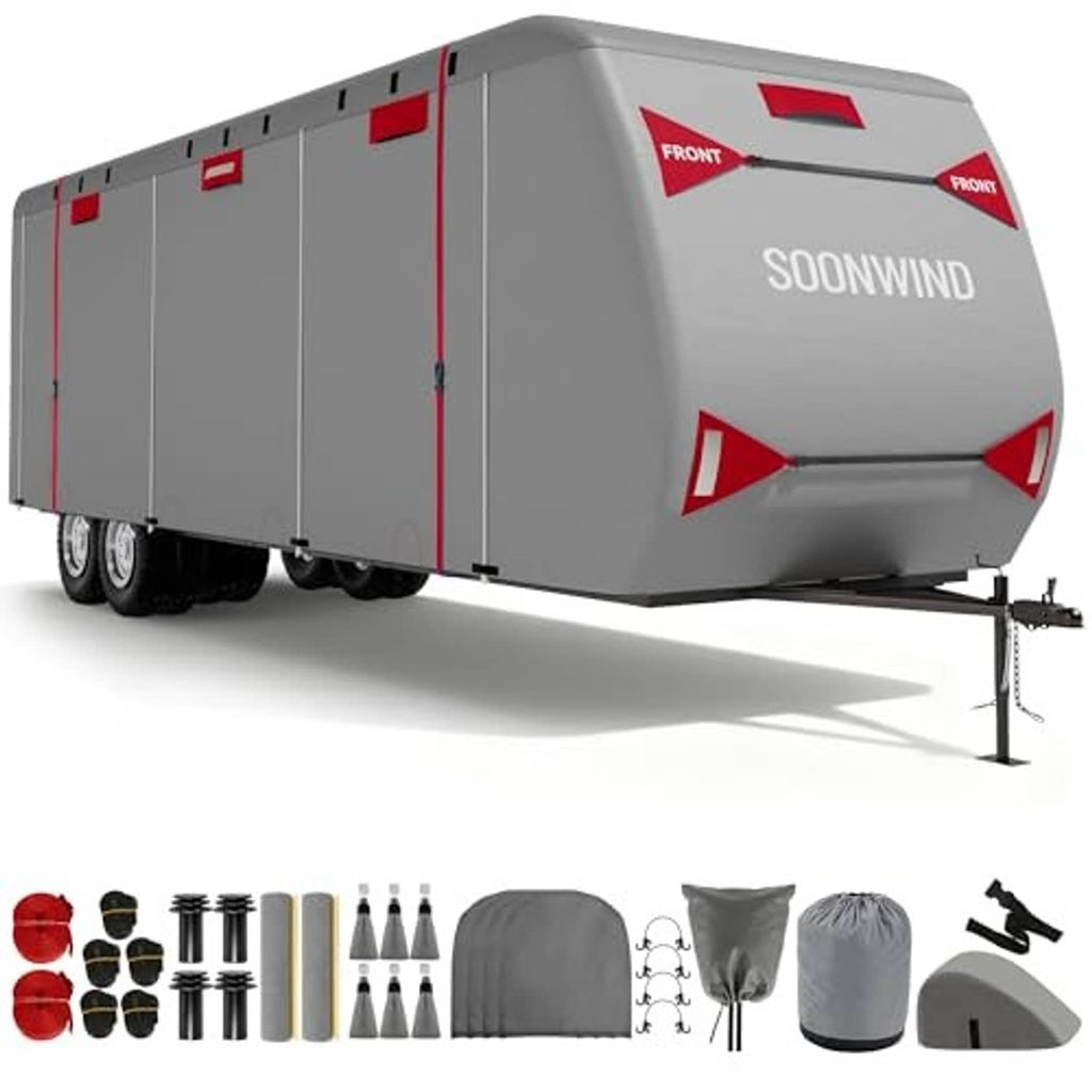 Heavy duty 7-layer RV cover in gray with red trim, front logo and tie straps.