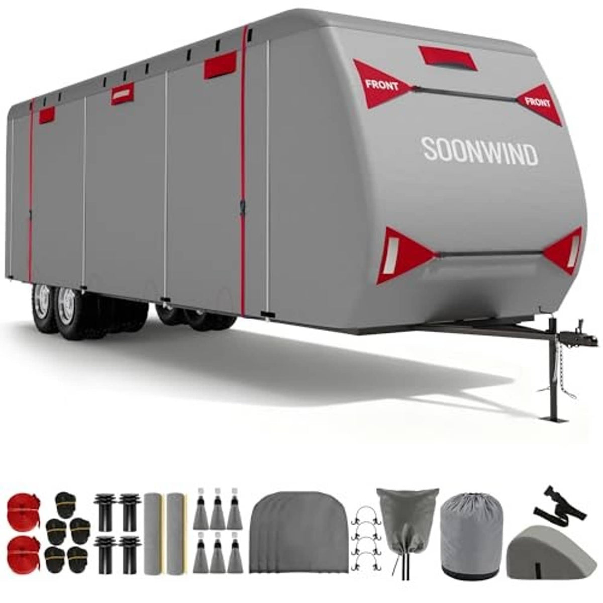 Heavy duty 7-layer RV cover in gray with red trim, front logo and tie straps.