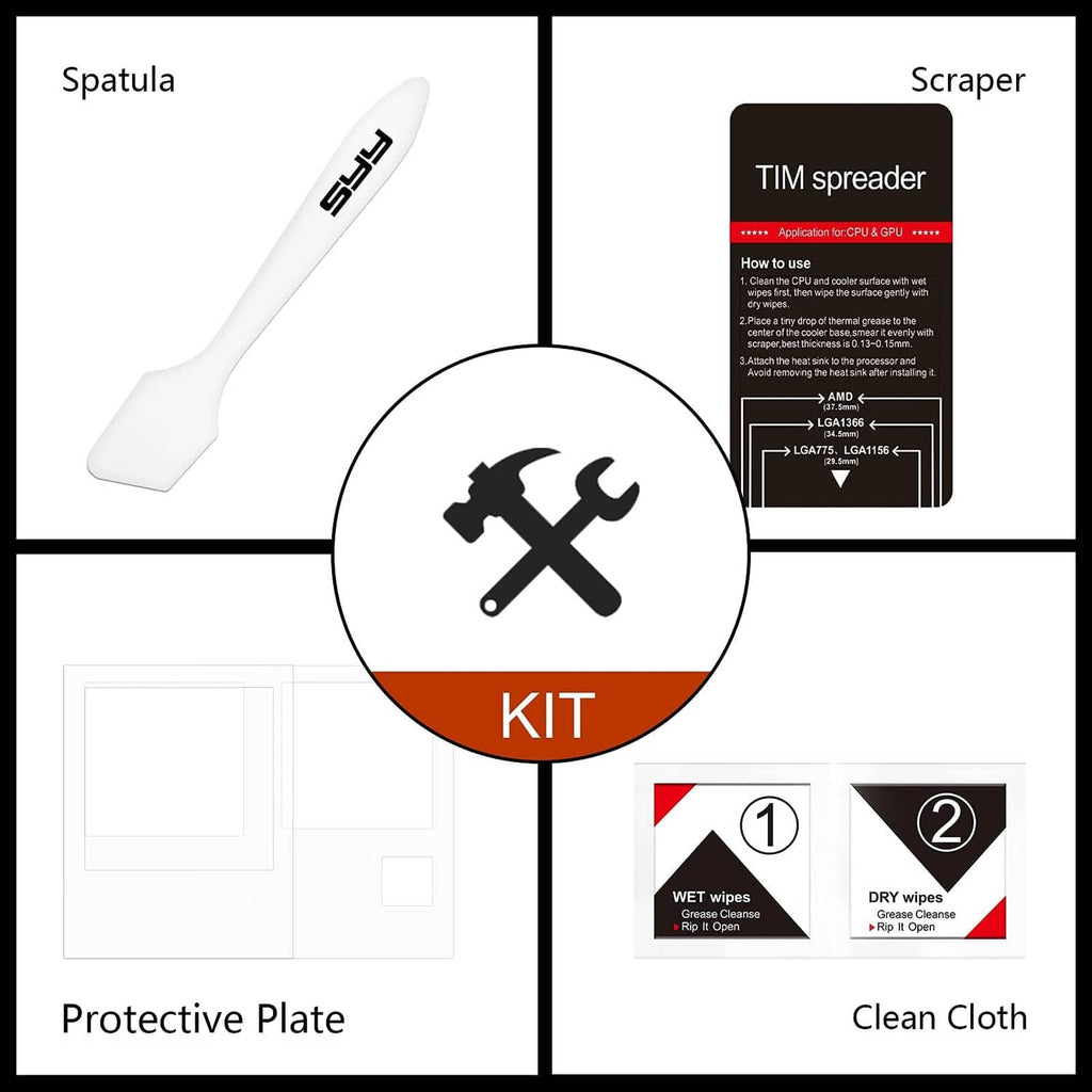 Thermal paste kit with spatula, scraper, protective plate, and clean cloth
