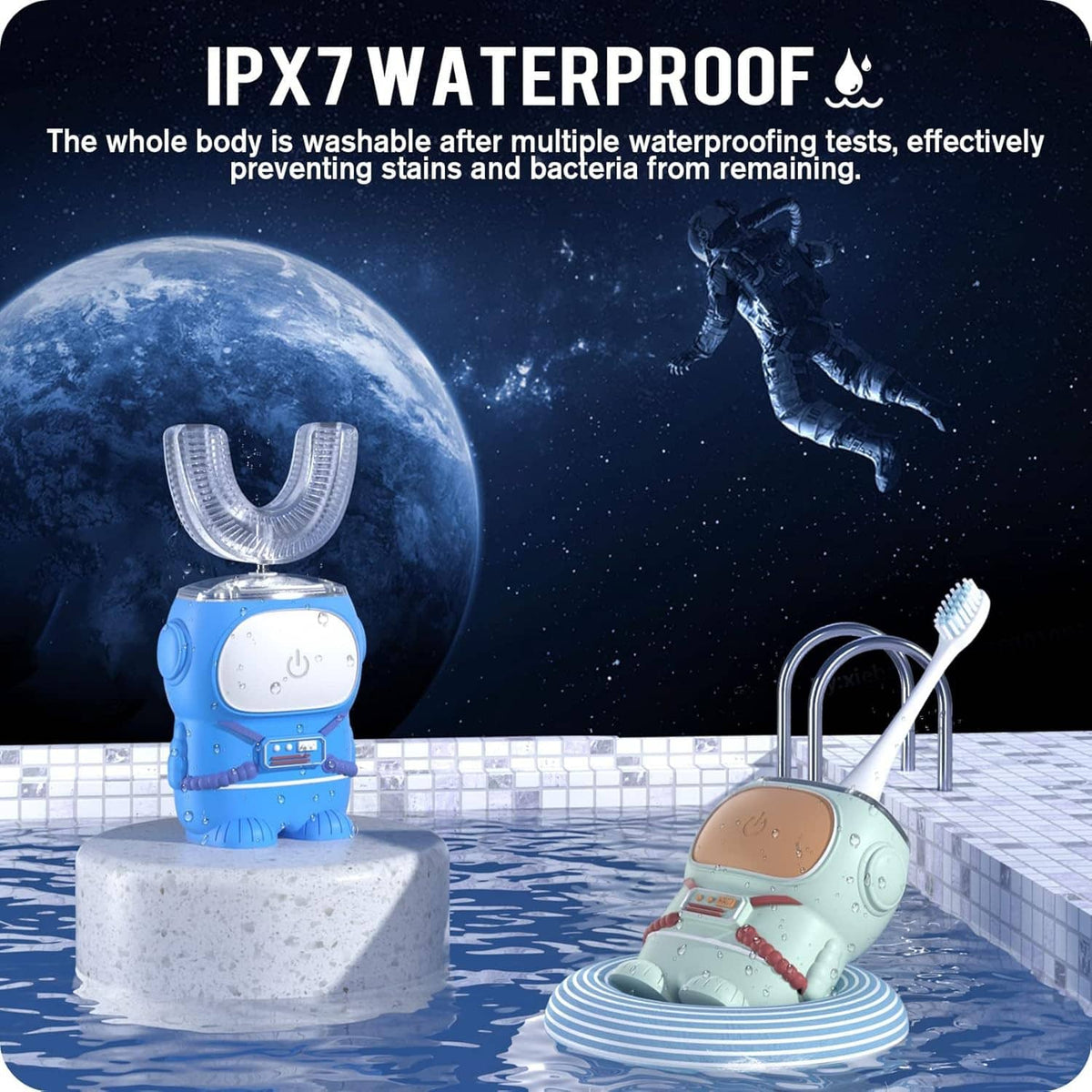 Waterproof kids electric toothbrush in blue with U-shaped head and base stand