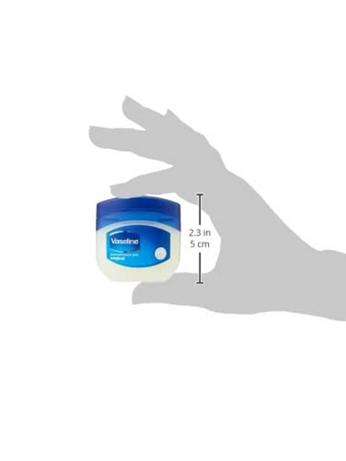 Vaseline petroleum jelly jar with blue-and-white label, purple lid; size scale