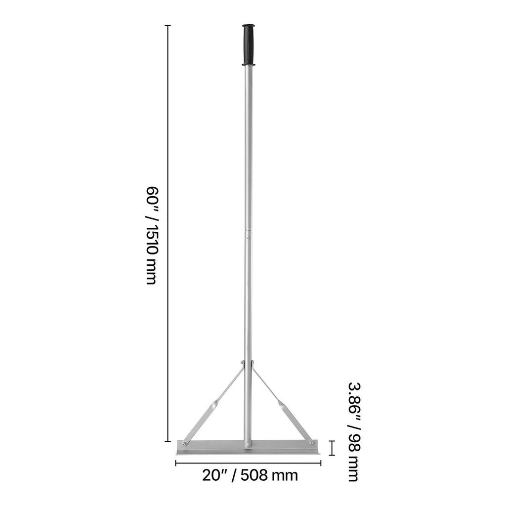 Landscape rake with long aluminum handle, tripod base, and wide 20-inch head