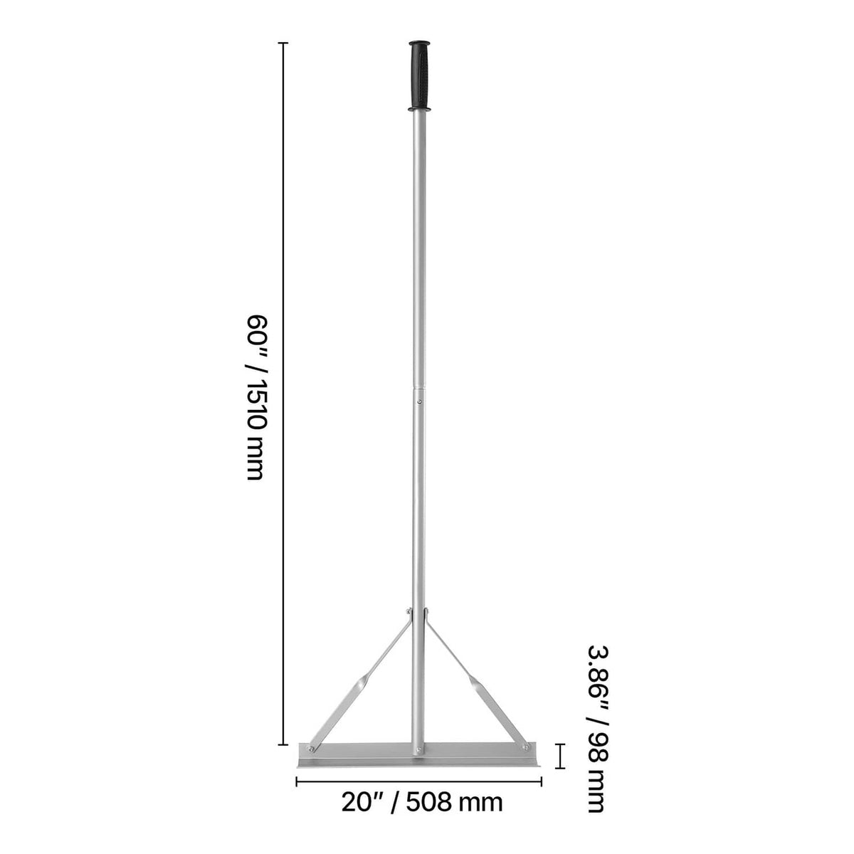 Landscape rake with long aluminum handle, tripod base, and wide 20-inch head