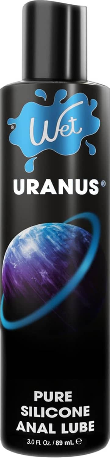 Black silicone-based anal lubricant bottle with blue logo and planet graphic