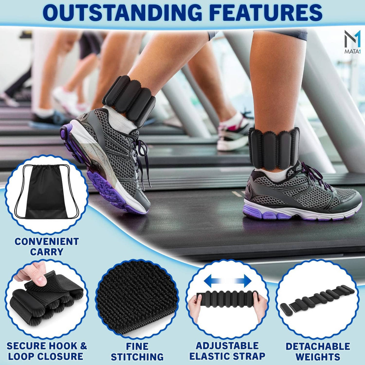 Black ankle weights with adjustable elastic strap detail on a shoe
