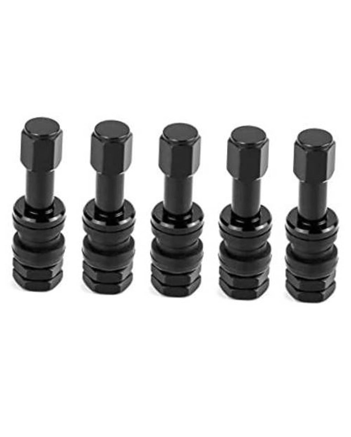 Five black metal clamp-in tubeless tire valve stems with stacked rubber base