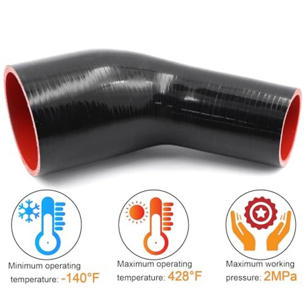 45° black silicone hose elbow reducer coupler with red interior sleeve, temperature rating icons