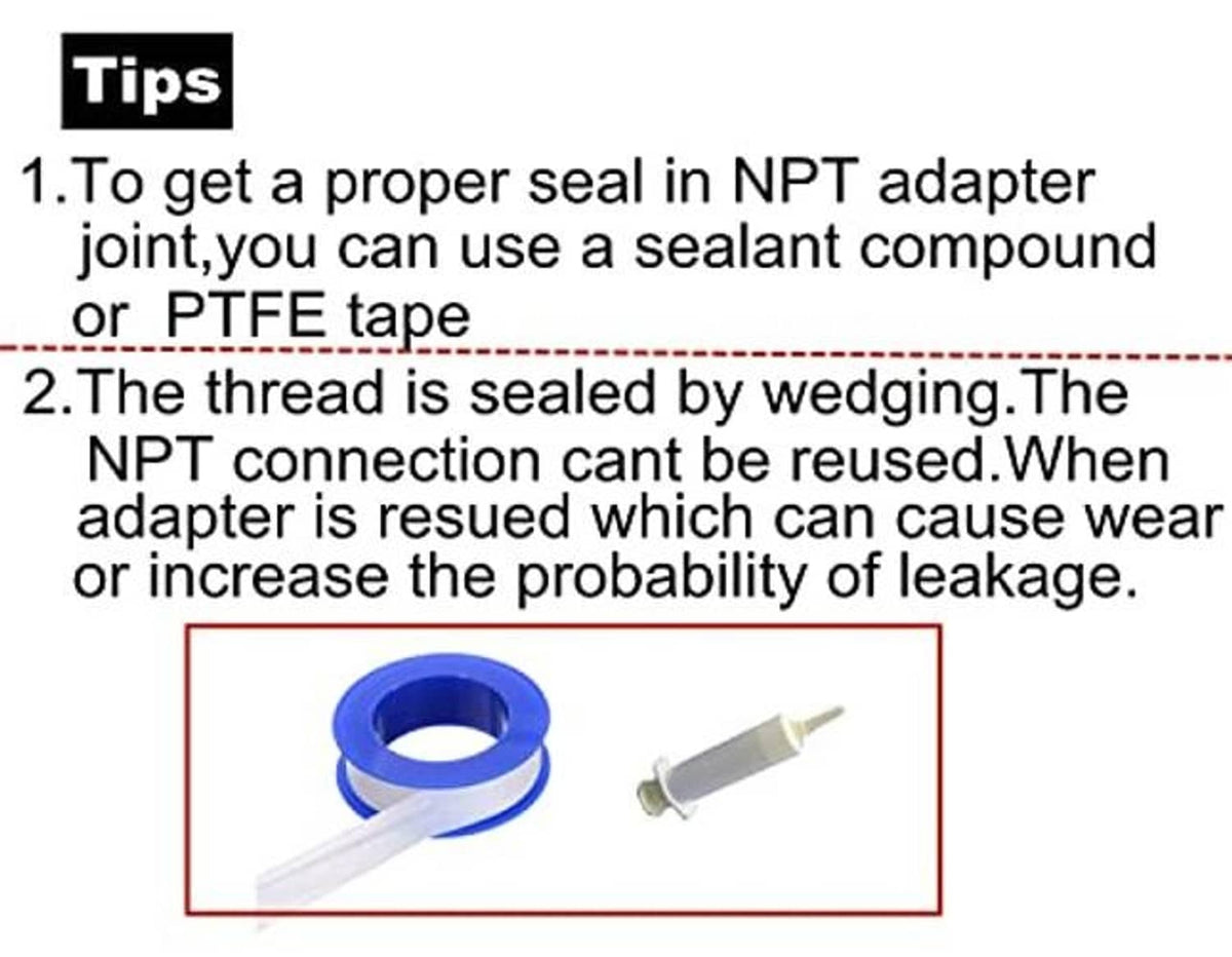 NPT sealing tips for the black adapter fittings: use sealant or PTFE tape