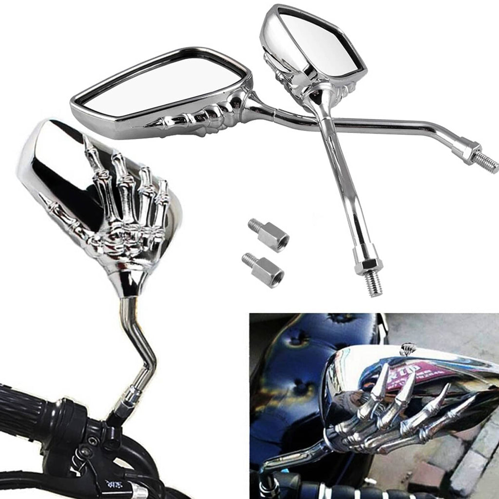 Chrome skull-hand rearview mirrors pair with rectangular lenses and curved stems, plus mounting hardware
