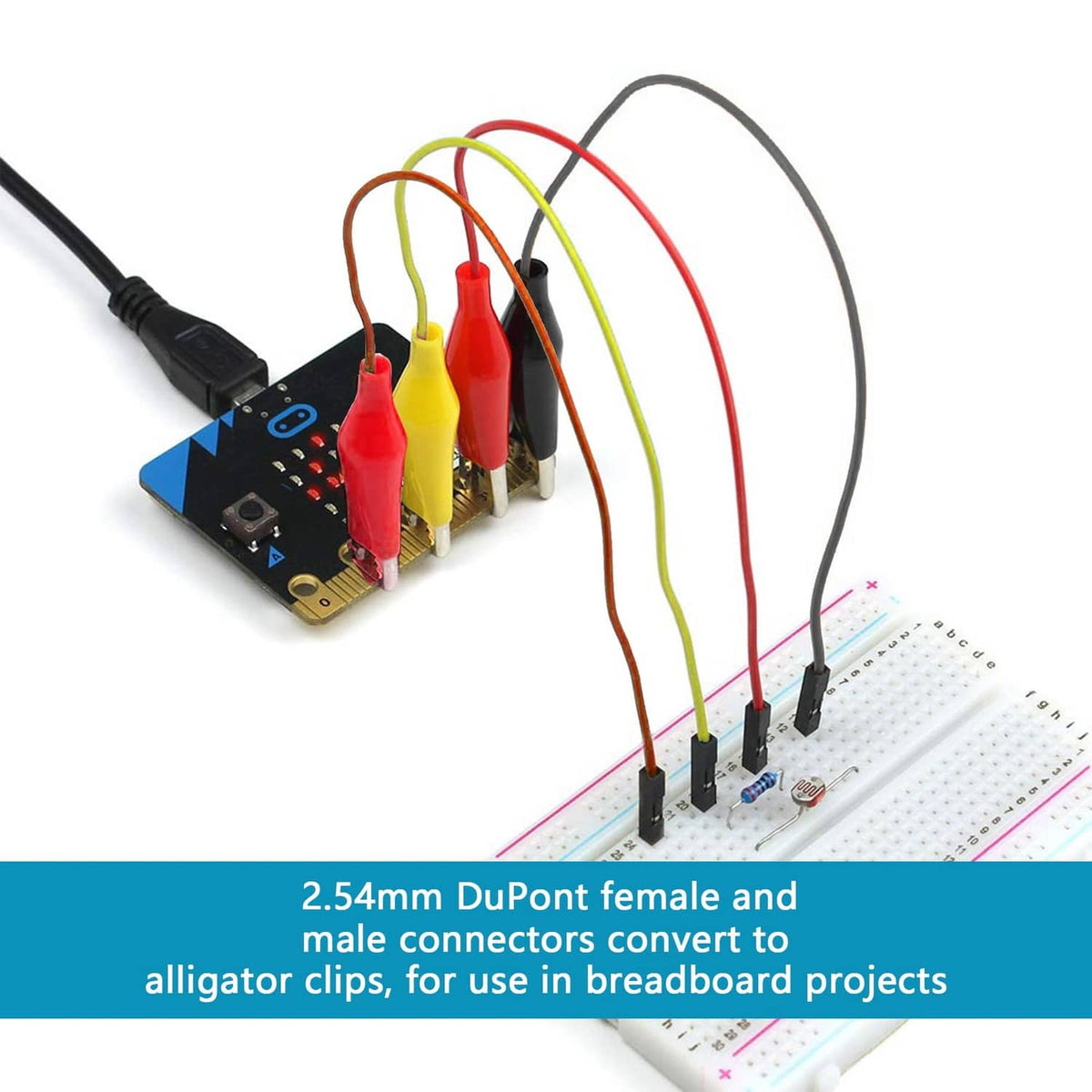 Breadboard power module with DuPont connectors and alligator clip leads for wiring