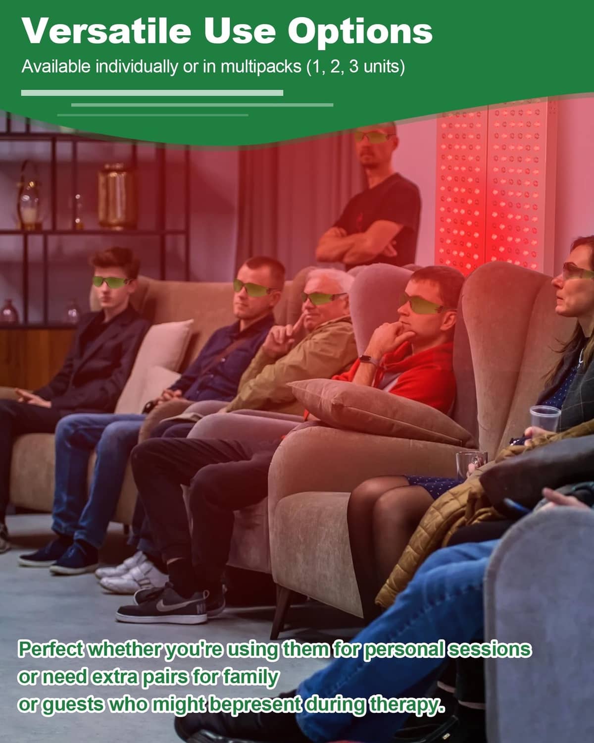 Green light therapy glasses worn by seated audience member, wraparound lenses
