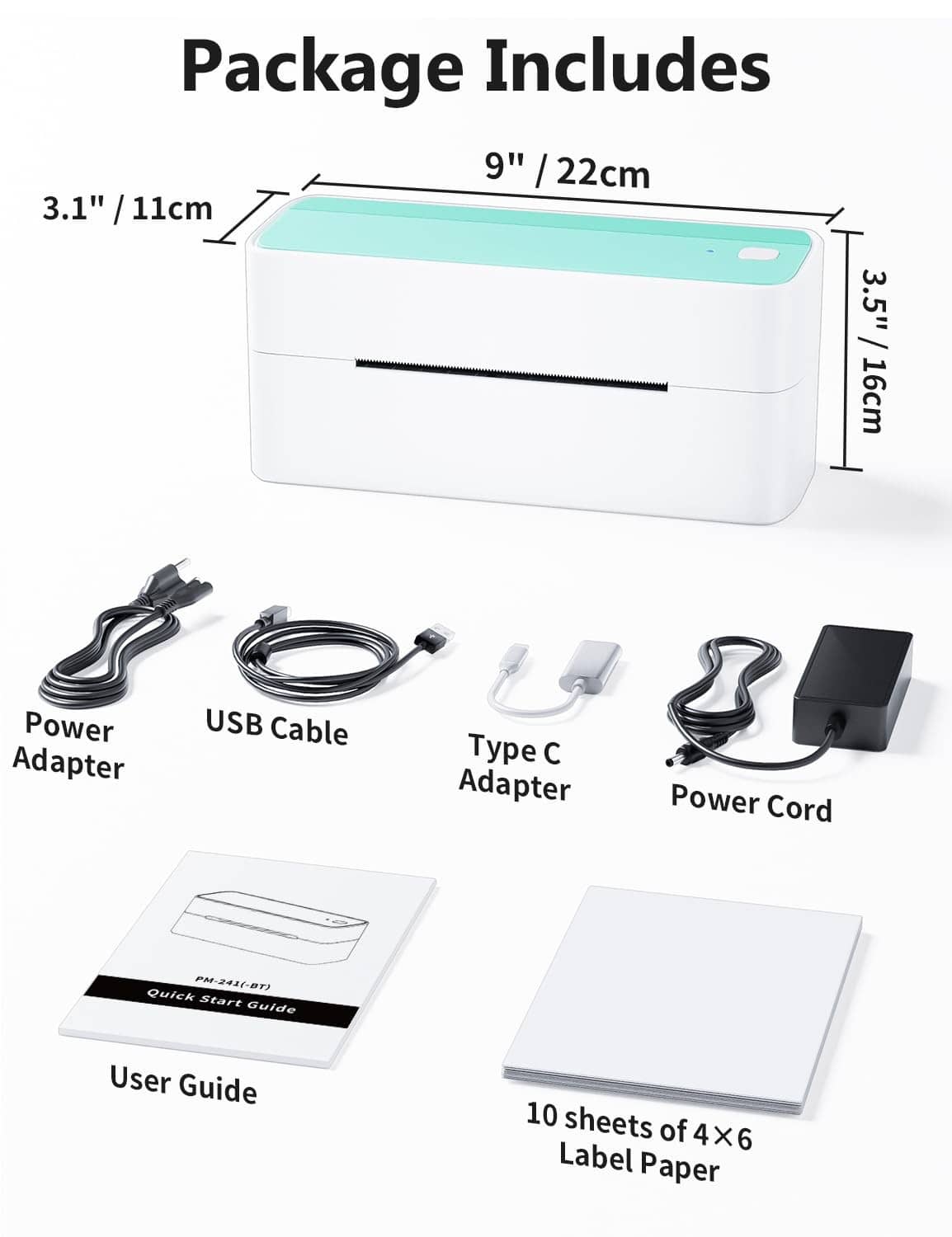White thermal label printer with mint-green top with included accessories