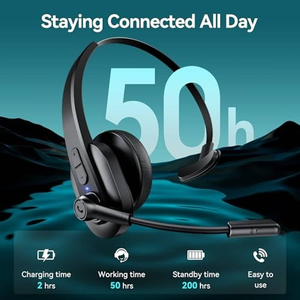 Black single-ear Bluetooth headset with boom microphone