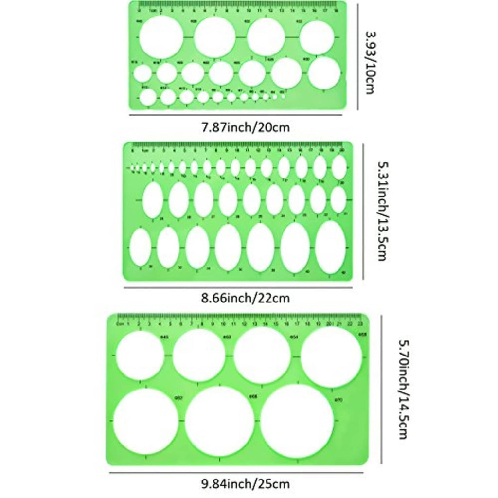 Green circle and oval template plates with inch measurement markings