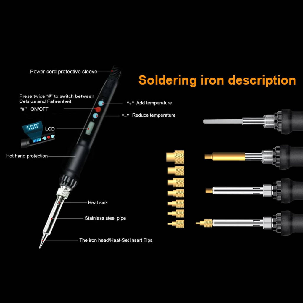 Digital soldering iron with interchangeable heat-set insert tips and temperature display