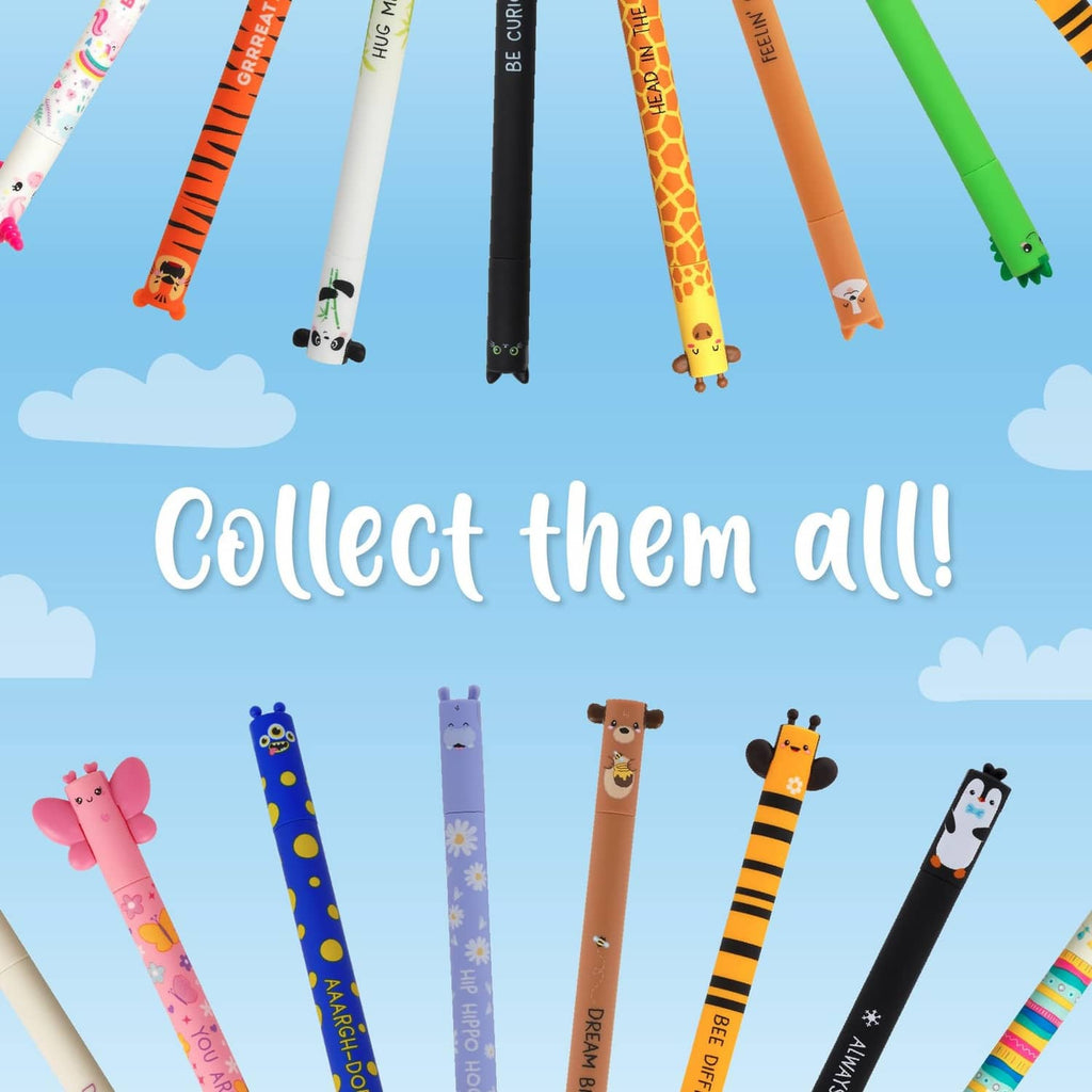 Assorted Legami animal erasable gel pens collection, multiple colored pens with tips