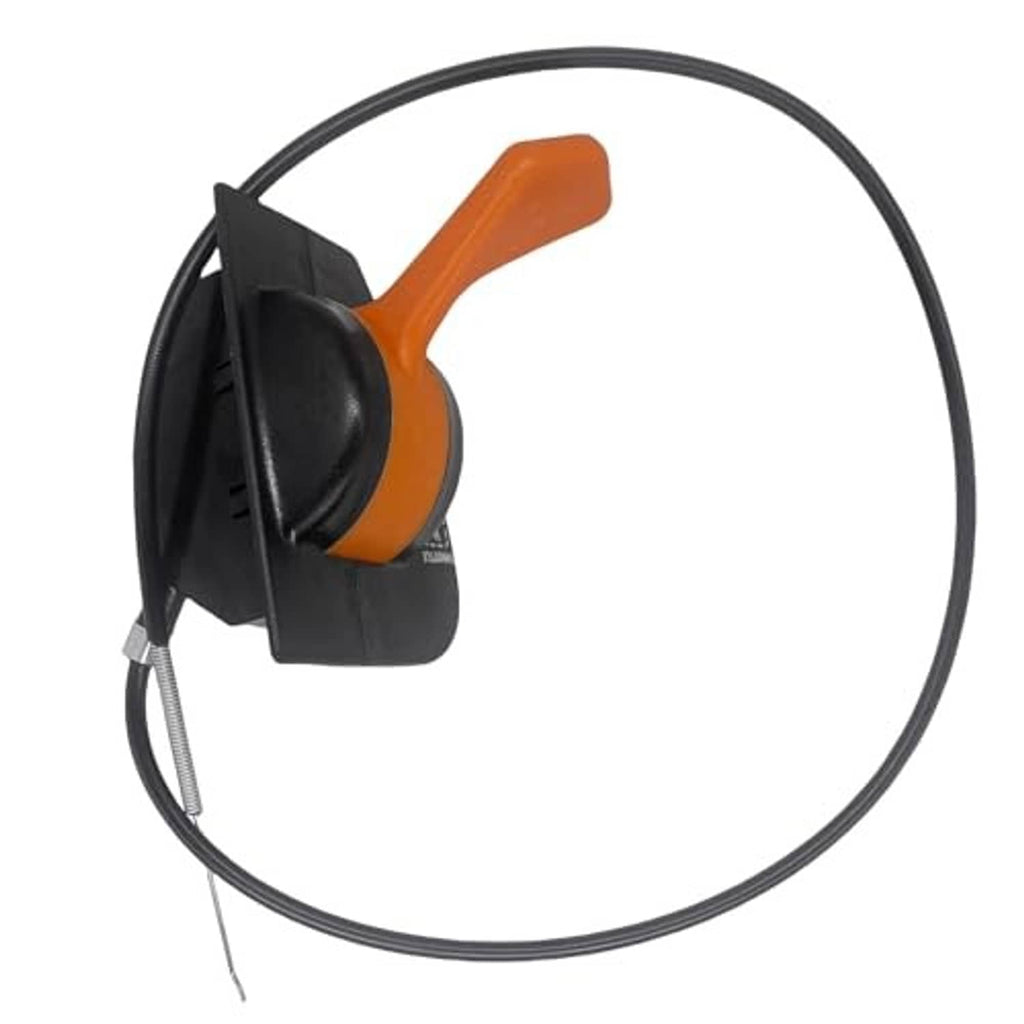 Throttle control cable with black housing, orange lever, and long black cord