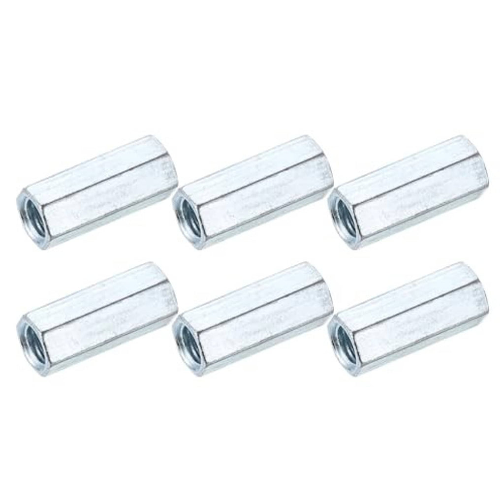 Six galvanized hex coupling nuts with internal threads, compact cylinder shape