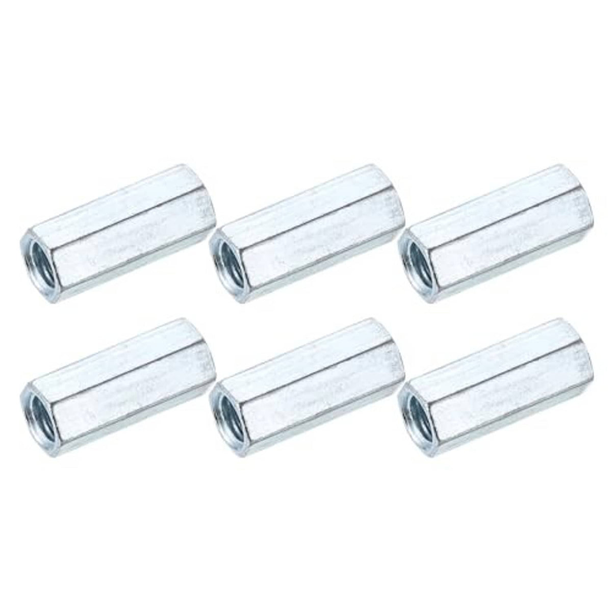Six galvanized hex coupling nuts with internal threads, compact cylinder shape