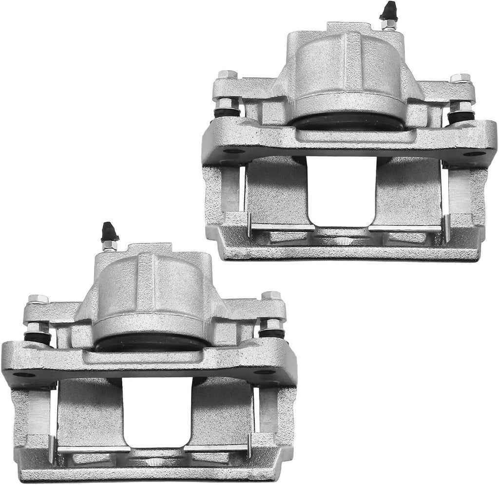 Front brake caliper pair, silver housings with mounting brackets and rubber boots