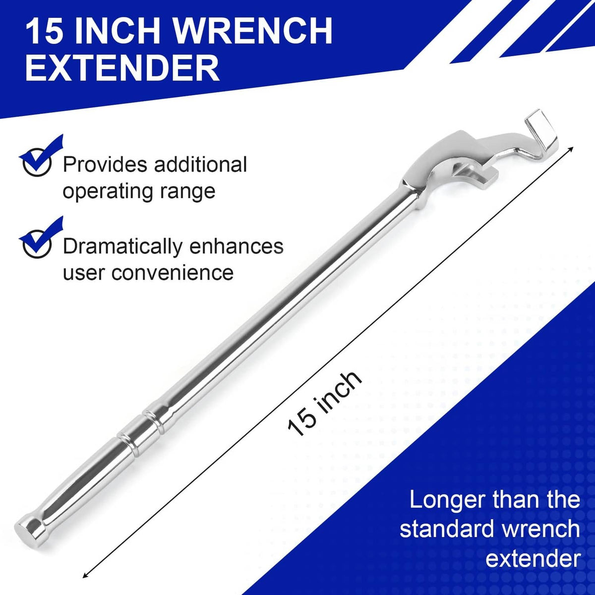 Silver 15-inch wrench extender bar with open wrench head at one end