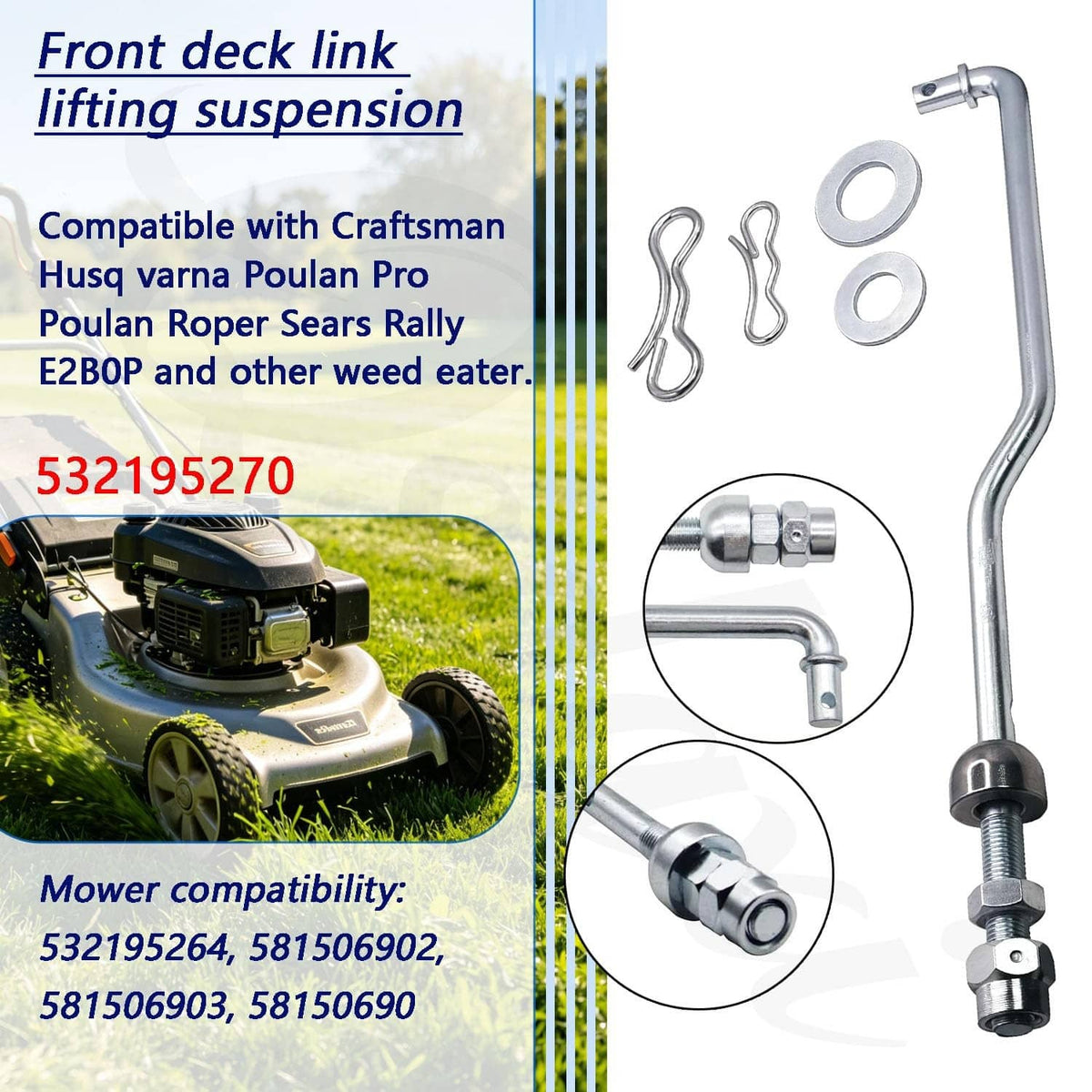 Front deck lift suspension kit hardware: bent rod with bolt, clips, washers, nuts