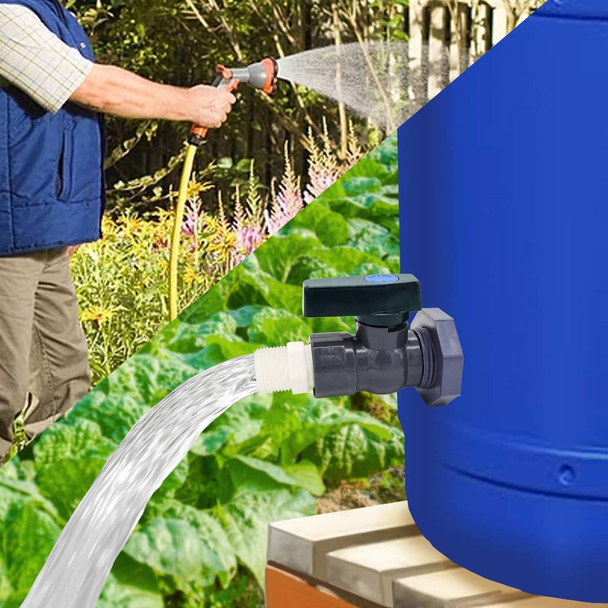 PVC rain barrel diverter valve with connected hose pouring water