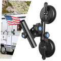 Black dual-suction RV flag pole holder with adjustable tilt arm and two mount cups