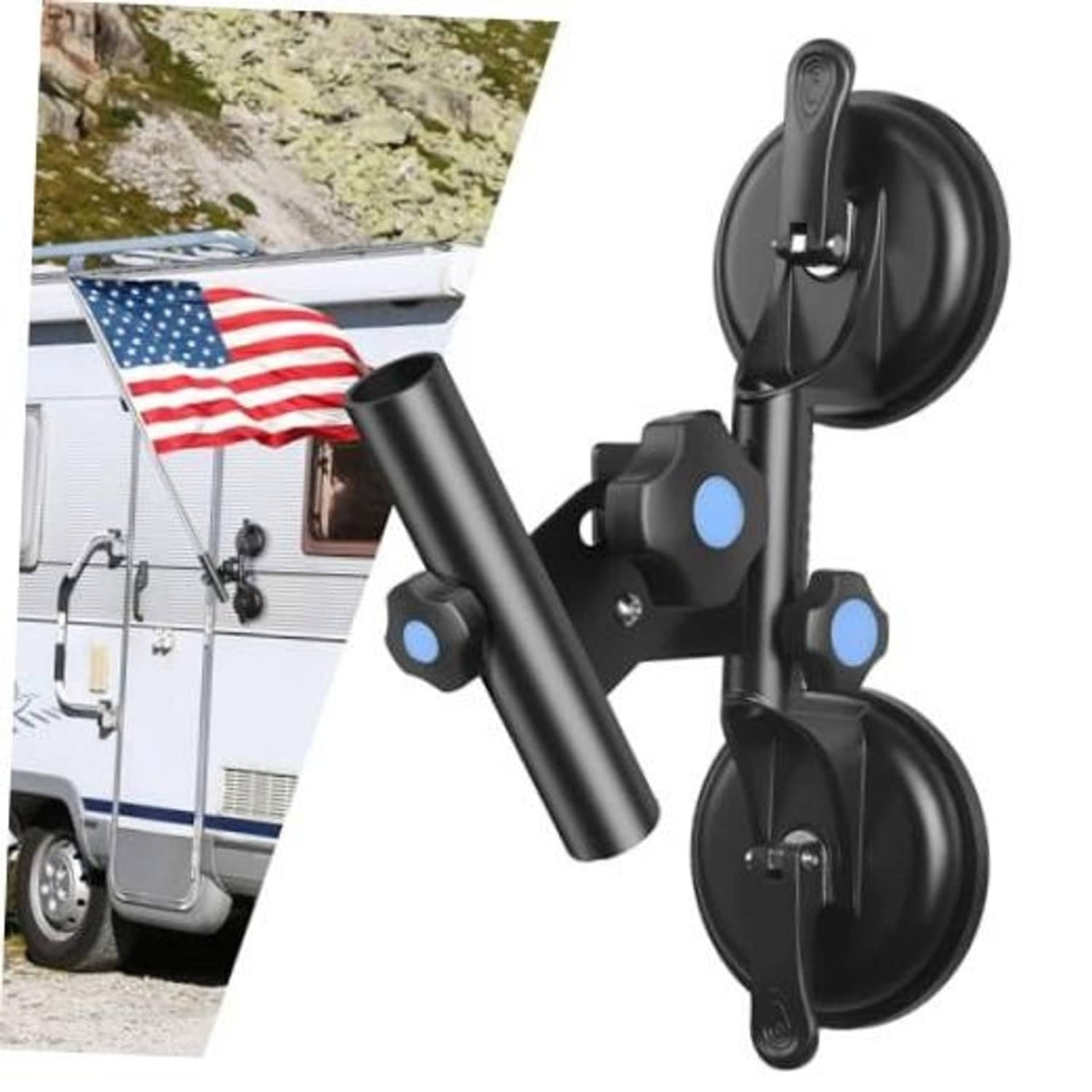 Black dual-suction RV flag pole holder with adjustable tilt arm and two mount cups