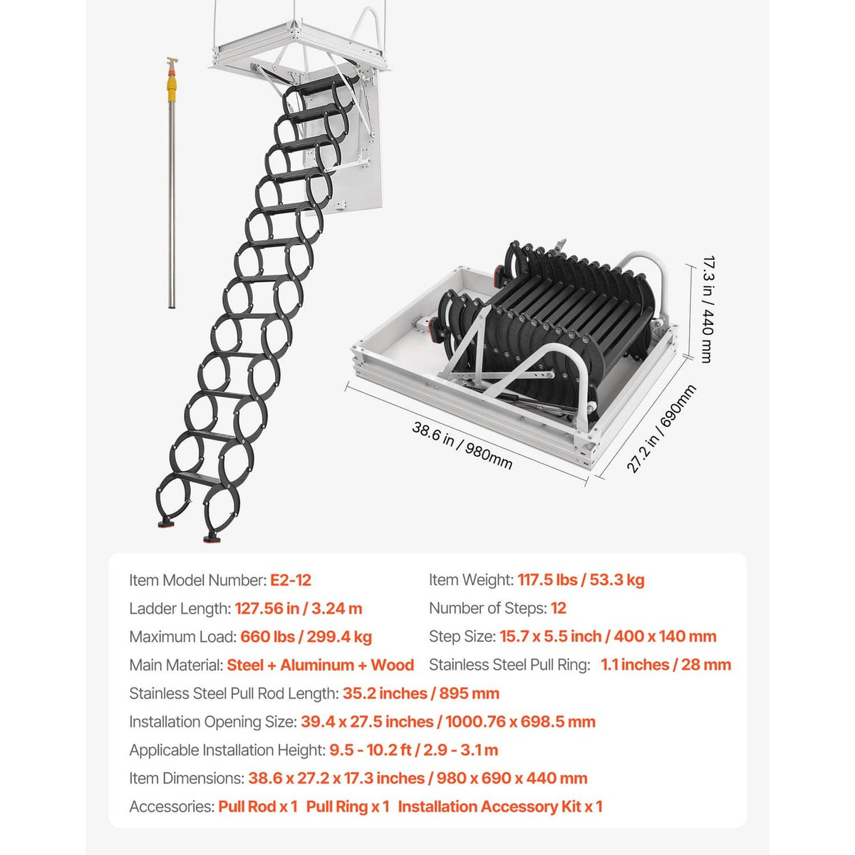 Ceiling-mounted attic ladder kit shown with extended ladder and folded housing