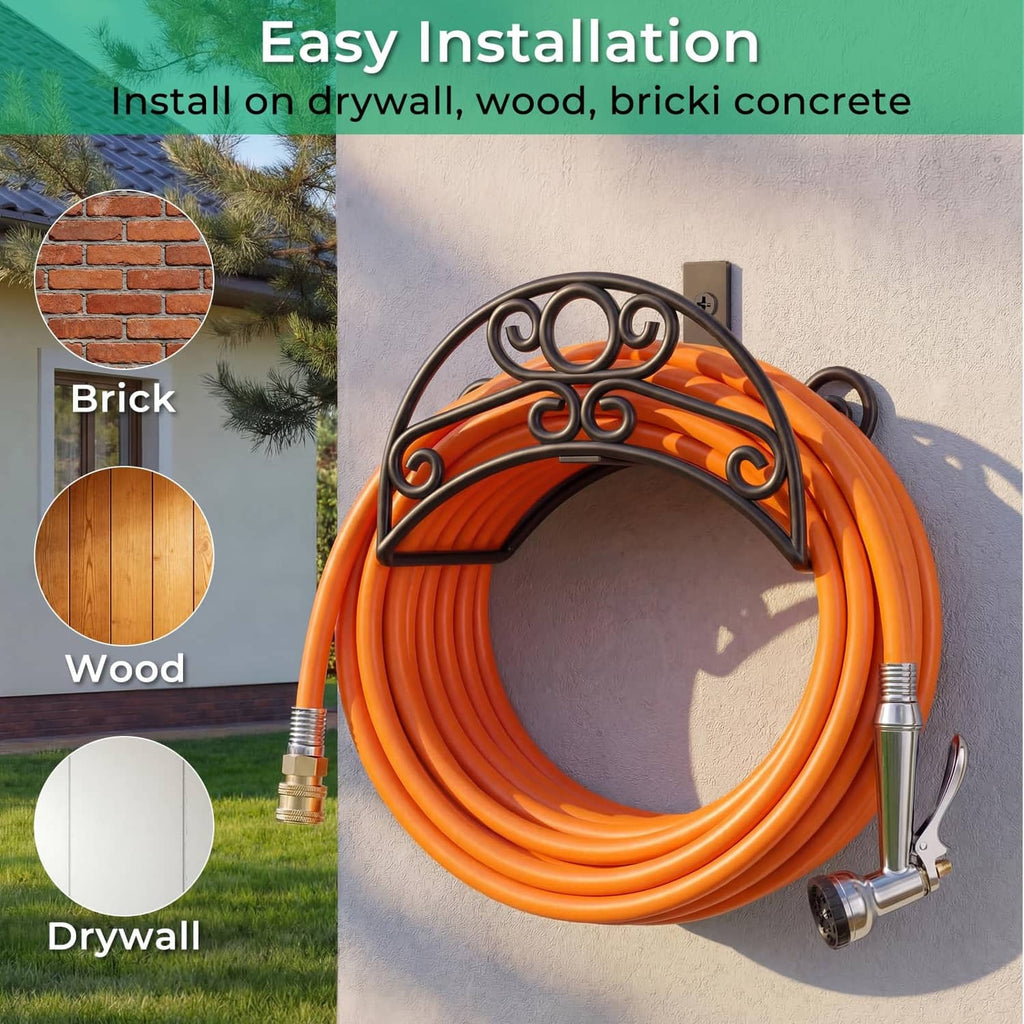 Black wall hose holder with coiled orange hose and visible mounting hardware