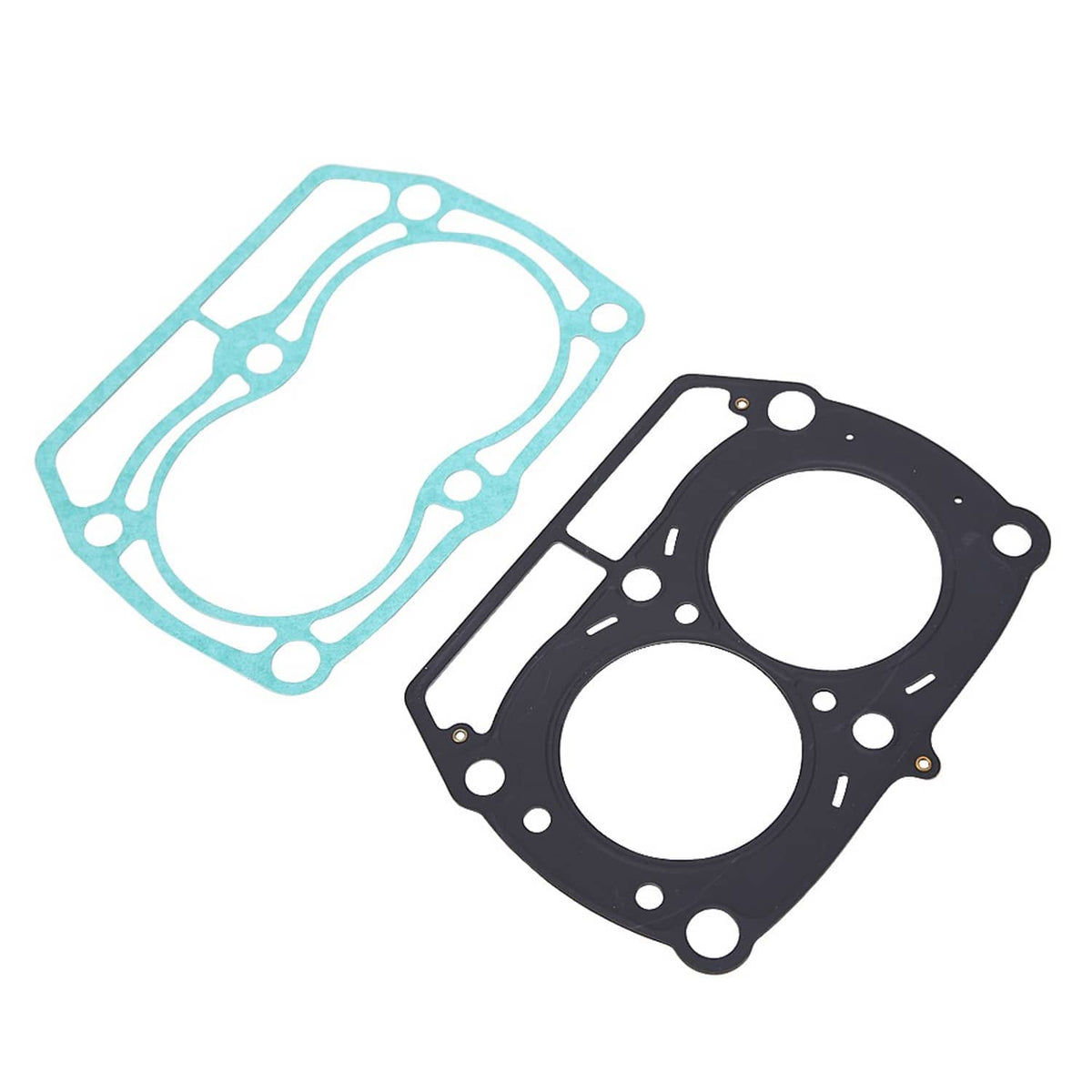Engine head gasket kit parts: blue gasket and black gasket plate with circular ports