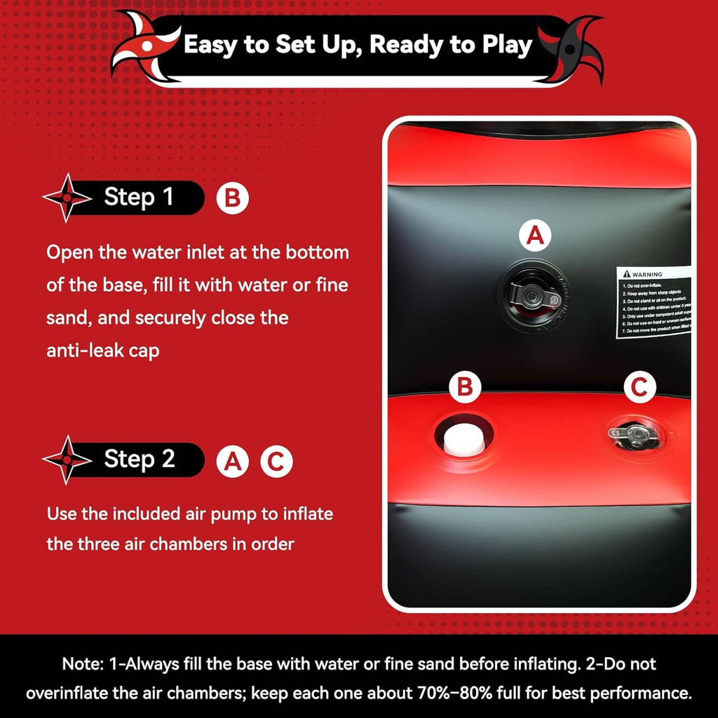 Inflatable punching bag setup steps showing water inlet and air pump for inflating chambers