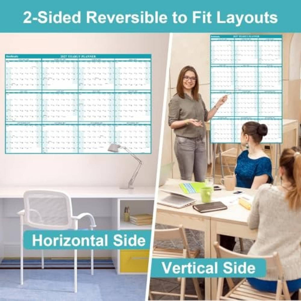Teal reversible wall calendar showing horizontal and vertical sides for layout fitting