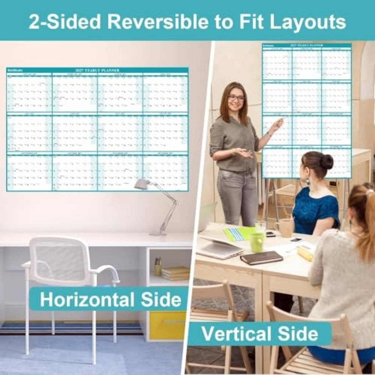 Teal reversible wall calendar showing horizontal and vertical sides for layout fitting