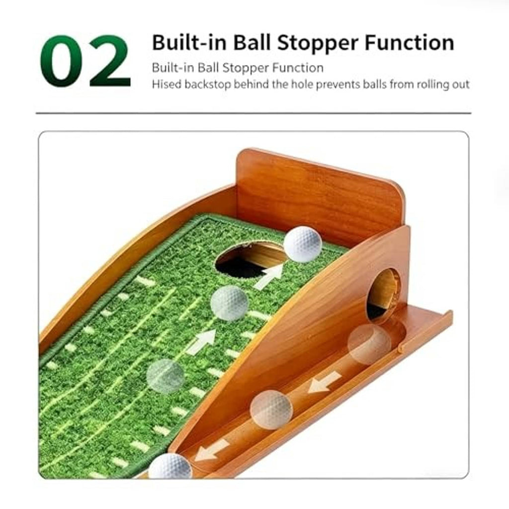 Golf putting mat with green turf and built-in ball stopper near the single hole