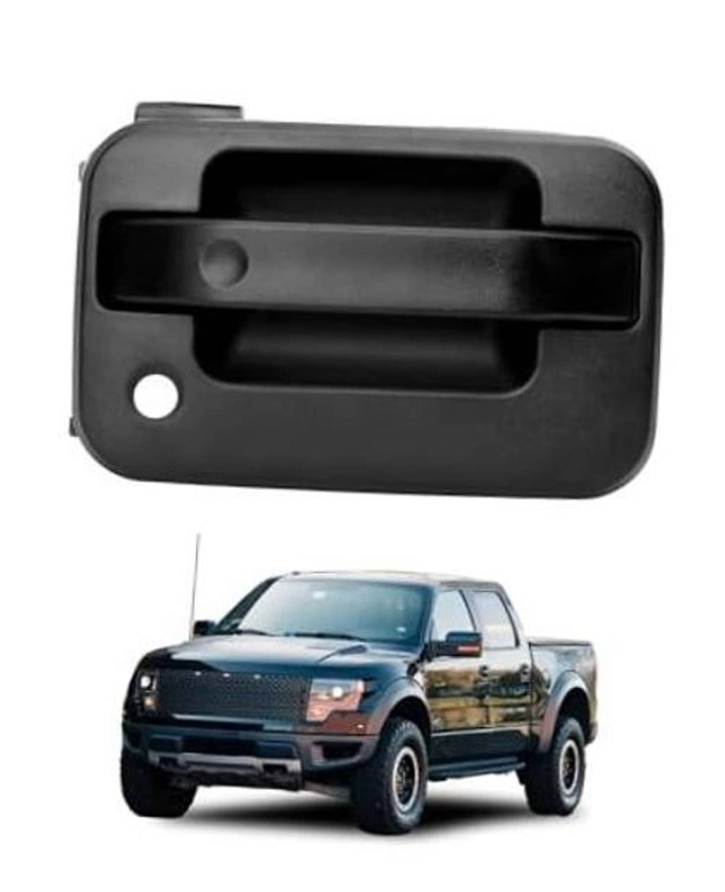 Exterior front door handle, matte black plastic with recessed grip opening