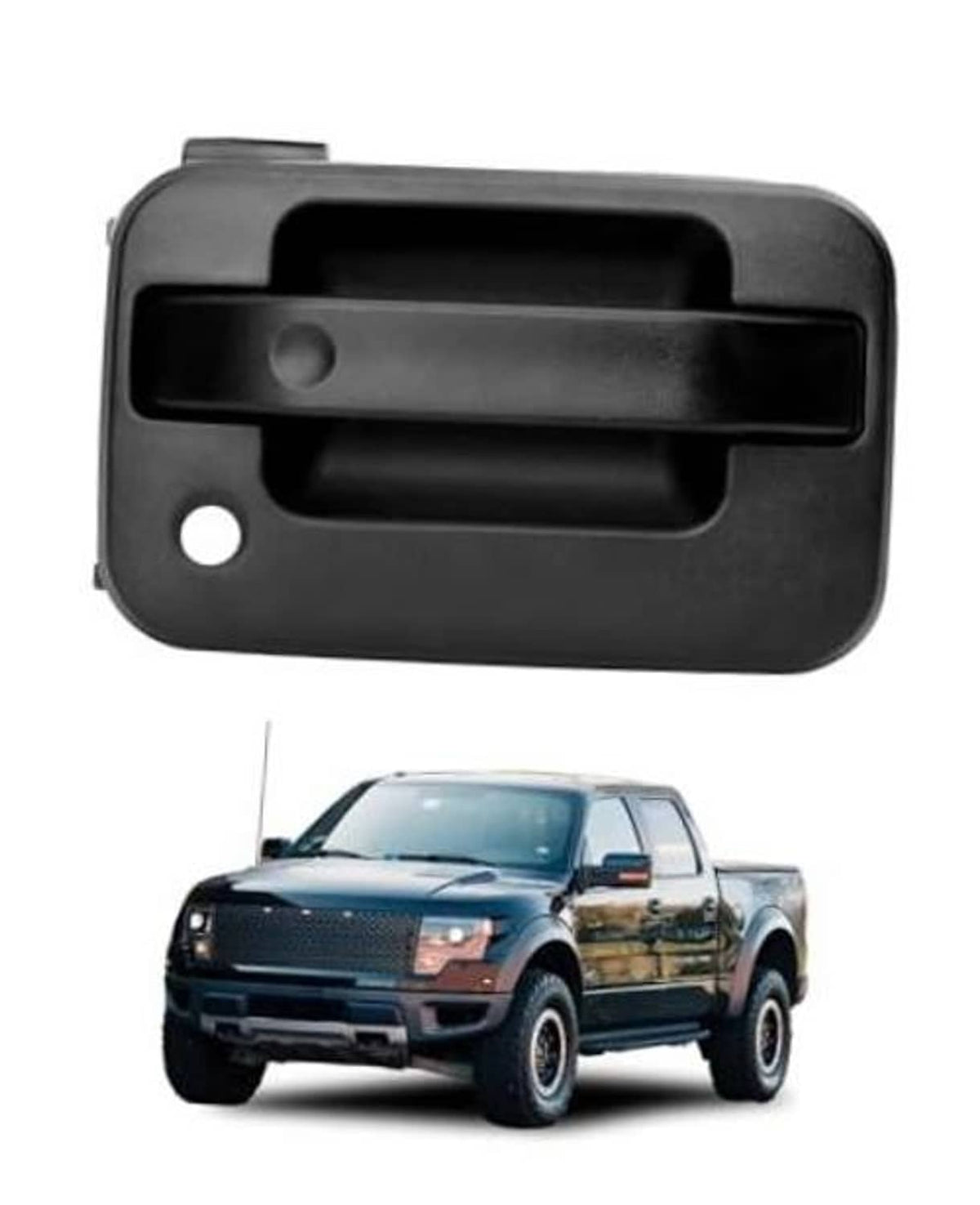 Exterior front door handle, matte black plastic with recessed grip opening