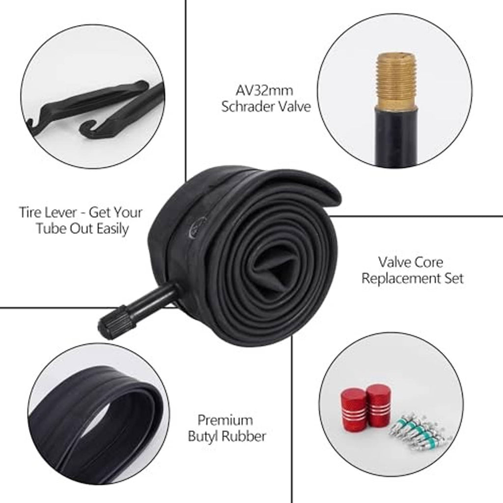 Black bicycle inner tube roll with tire levers, AV32mm Schrader valve and valve core set