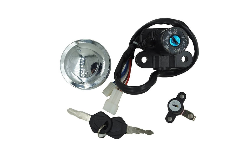 Ignition switch kit with chrome fuel cap cover, key set, and lock cylinder