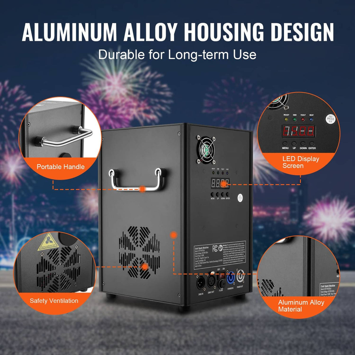 Black aluminum-alloy cold spark machine with handle, vents, and LED display