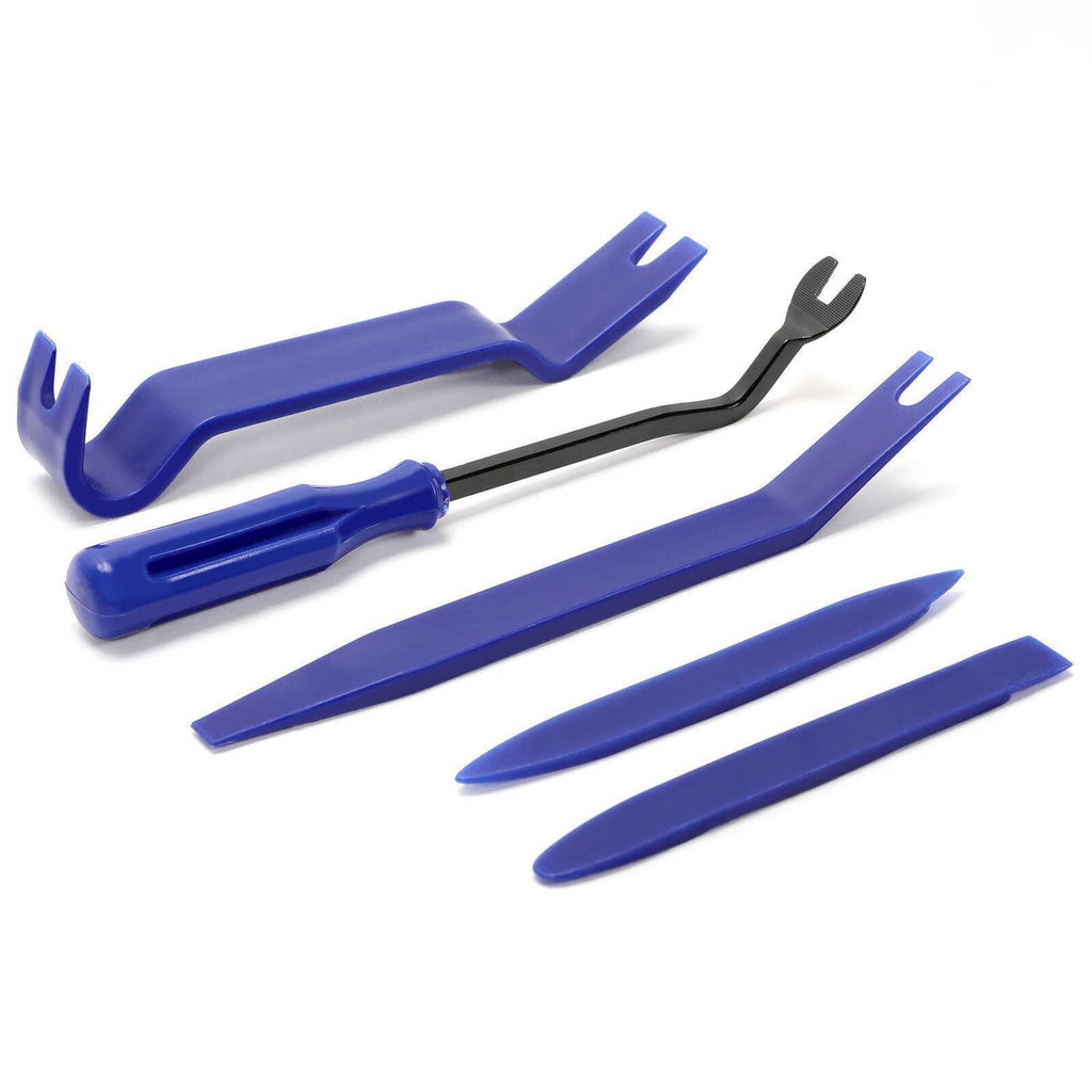 Mixed blue and black car panel pry tools set with several removal clips