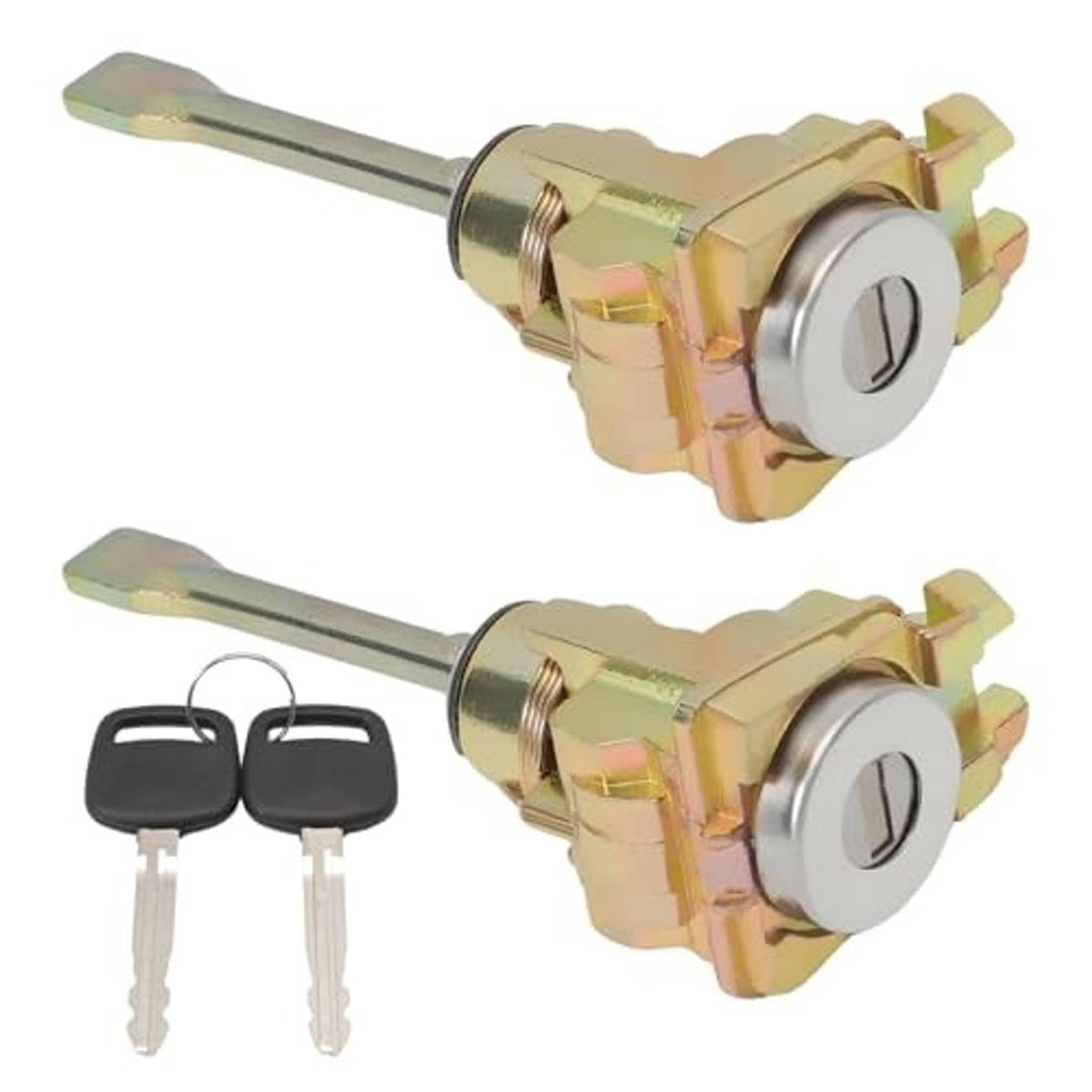 Door lock cylinder set with two keys and black key fobs, gold metal cylinder with lever