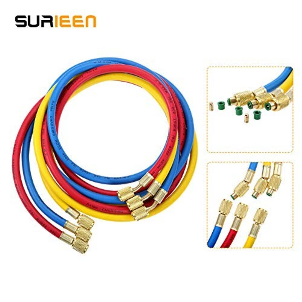 Coiled AC charging hoses in yellow, blue, and red with brass 1/4" SAE ends