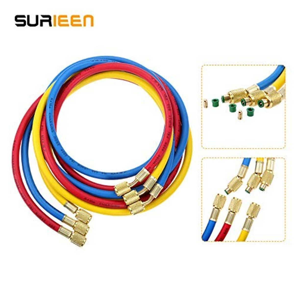 Coiled AC charging hoses in yellow, blue, and red with brass 1/4" SAE ends