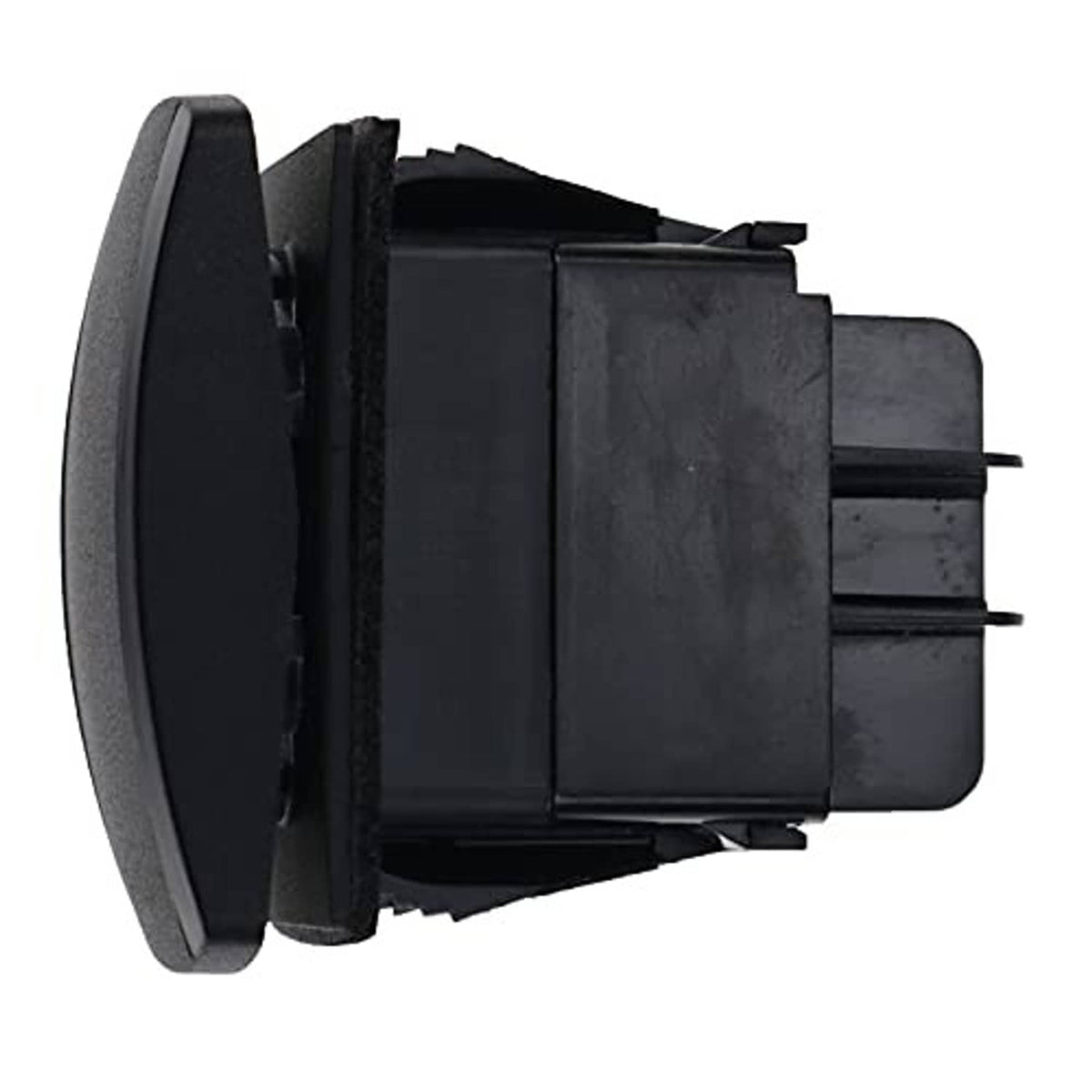 Black 48V forward/reverse rocker switch, side view showing snap-in housing and terminals.