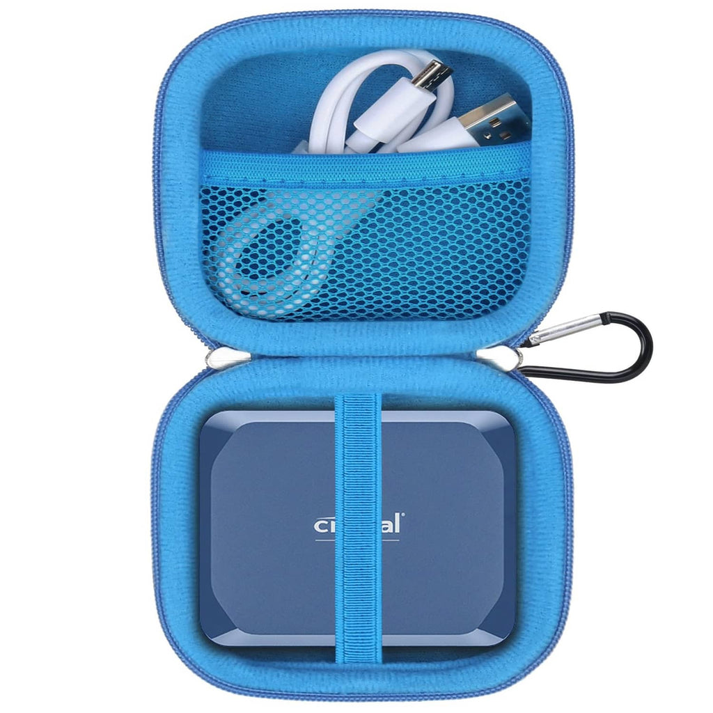 Blue hard EVA SSD carry case with open mesh pocket and elastic divider