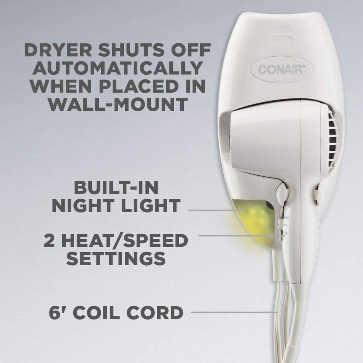 Conair wall-mount hair dryer in white with vented nozzle and side control panel