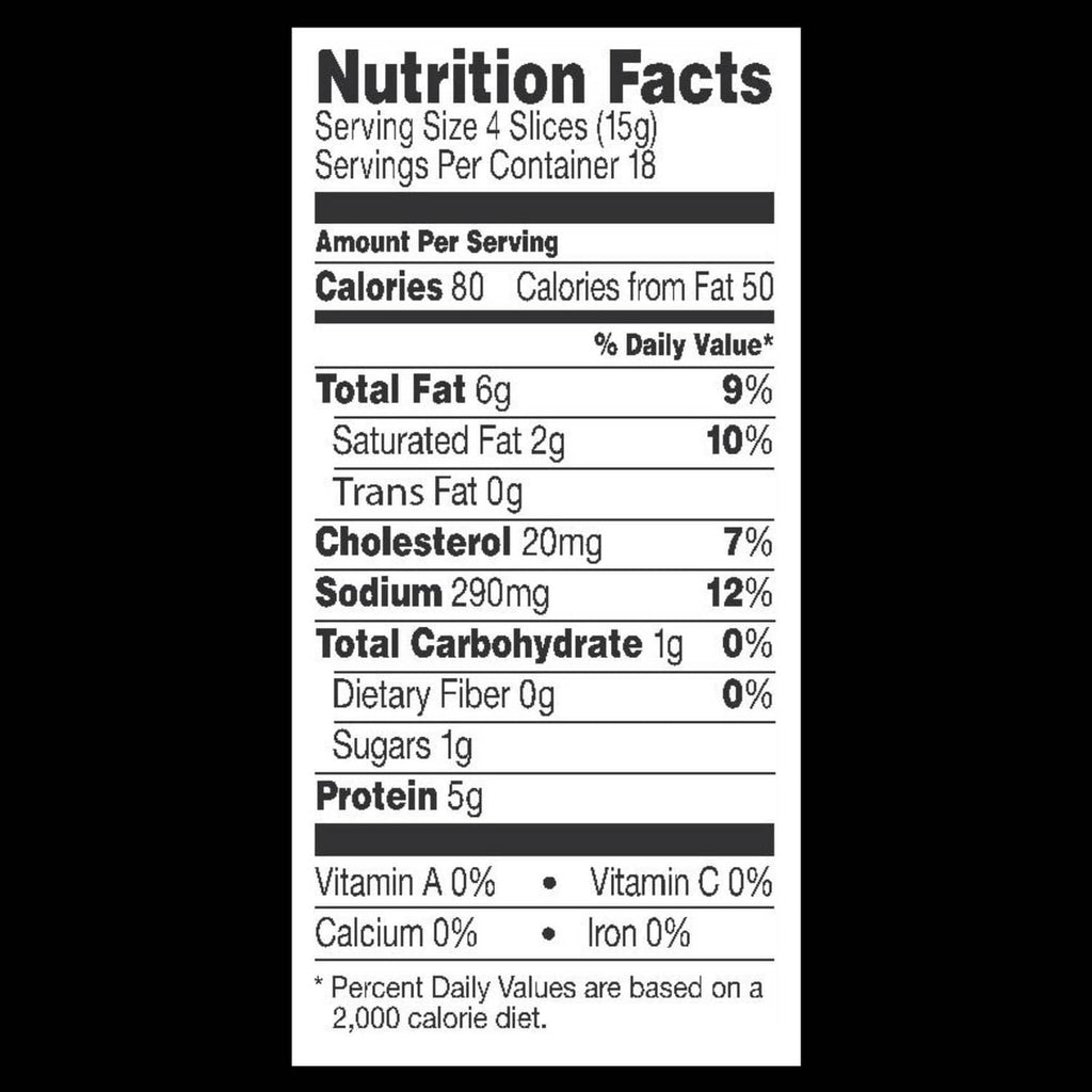 Nutrition Facts panel for thick cut bacon, calories and nutrient amounts per serving